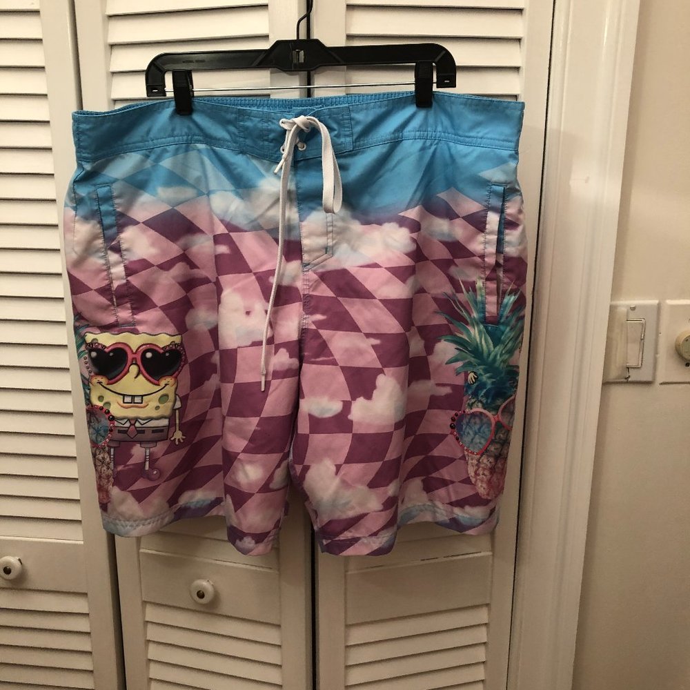 Nickelodeon Spongebob Squarepant men pink and blue board trunk shorts, XXL